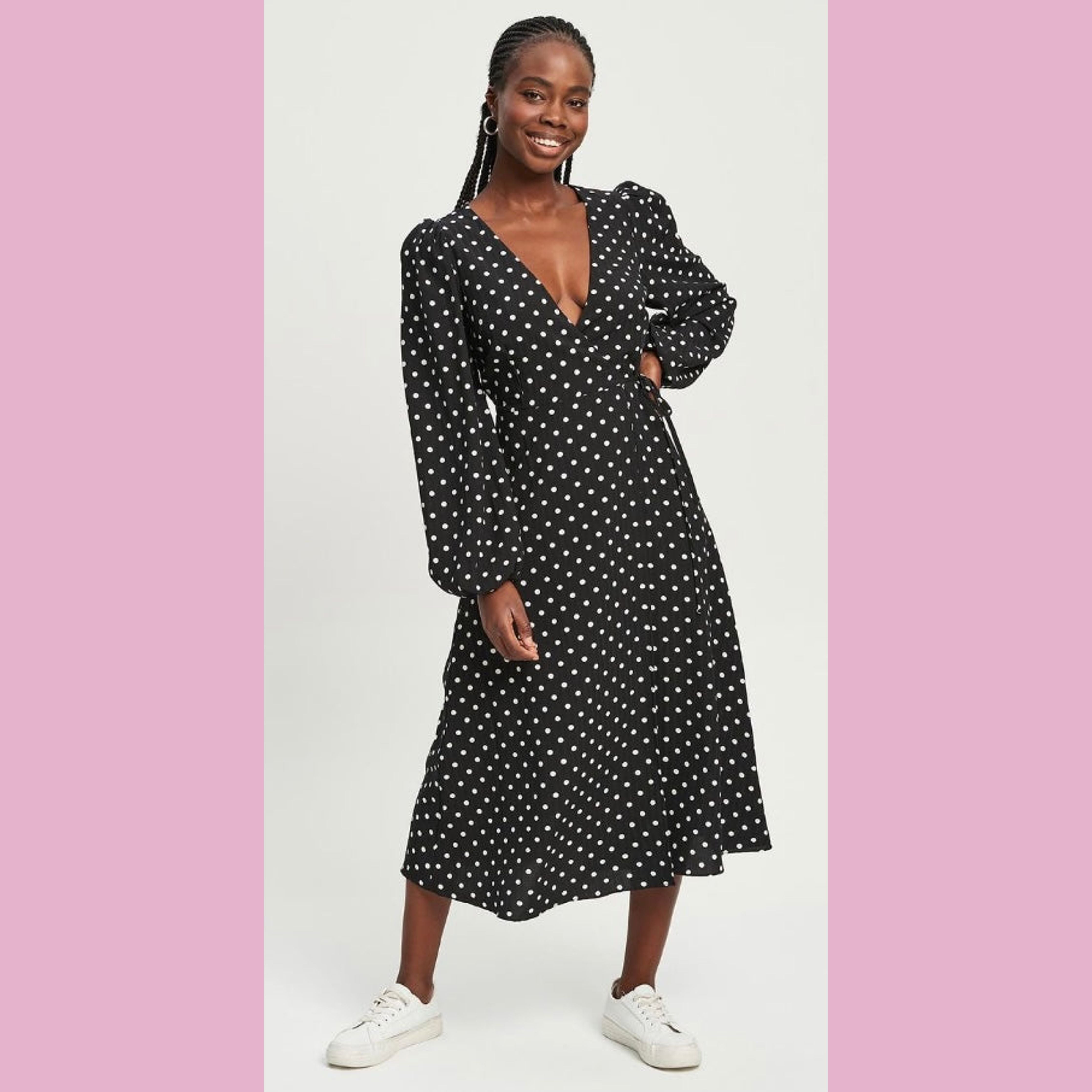 Black spotty wrap dress sale